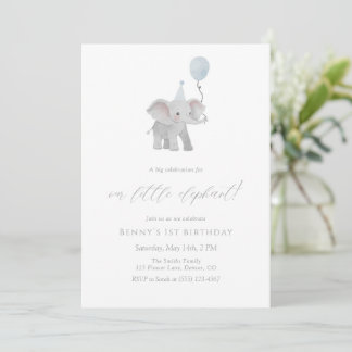 Blue Elephant First Birthday Invitation Watercolor Einladung