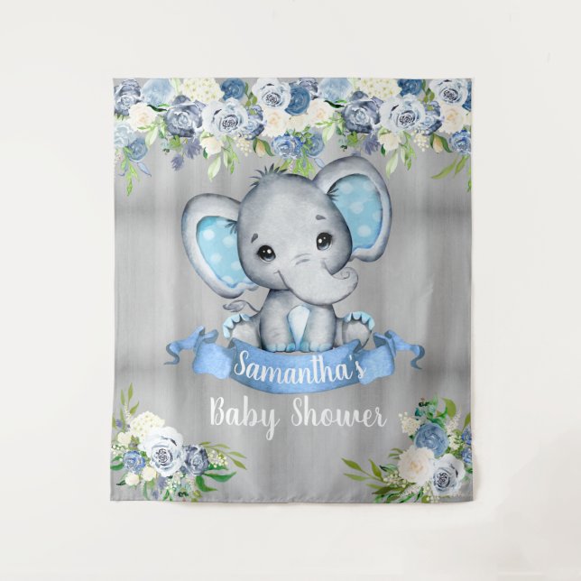 Blue Elephant Floral Foto Hintergrund Babydusche Wandteppich (Vorderseite)
