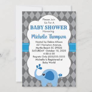 Blue Elephant Gray Background Baby Dusche laden ei Einladung