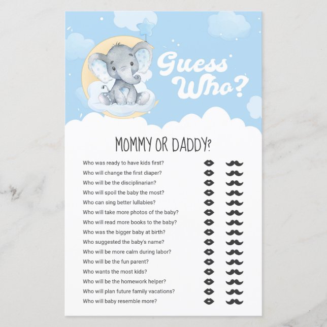 Blue Elephant Guess Who Mommy or Daddy Game (Vorderseite)