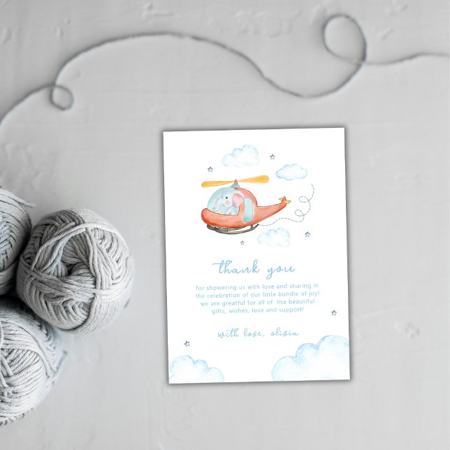 Blue Elephant Helicopter Airplane Baby Shower  Dankeskarte (Blue Elephant Helicopter Airplane Baby Shower Thank You Card)