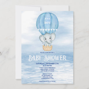 Blue Elephant Hot Air Ballon Babydusche Einladung