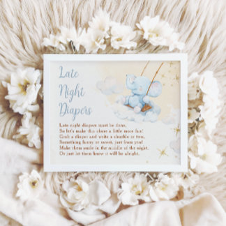 Blue Elephant Late Night Diapers Baby Shower Poster