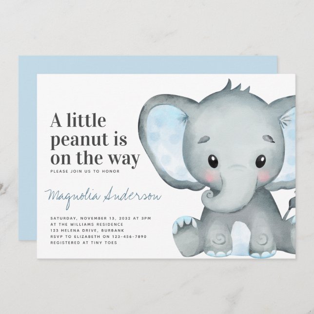 Blue Elephant Little Peanut Baby Dusche Einladung (Vorne/Hinten)