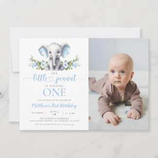 Blue Elephant Little Peanut Boy 1. Geburtstag Foto Einladung
