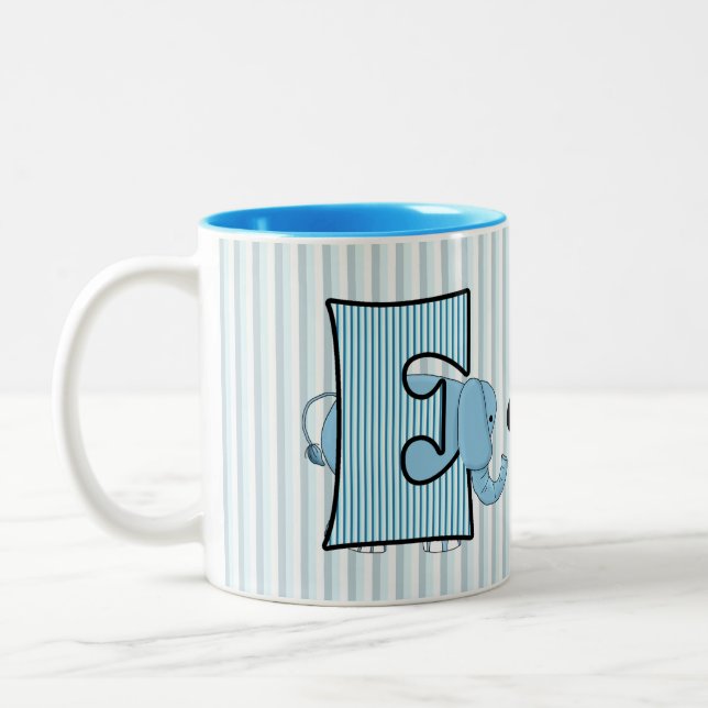 Blue Elephant Mit Monogramm Big E mit Name Kids Zweifarbige Tasse (Links)