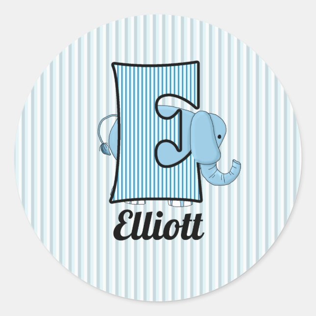 Blue Elephant Mit Monogramm Letter E Kids Runder Aufkleber (Vorderseite)