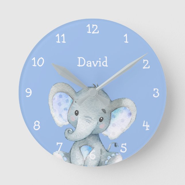 Blue Elephant Niedlich Baby Boy Name Personalisier Runde Wanduhr (Vorderseite)