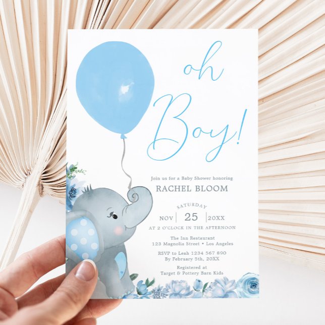 Blue Elephant Oh Boy Baby Dusche Einladung (blue elephant baby shower invitation)