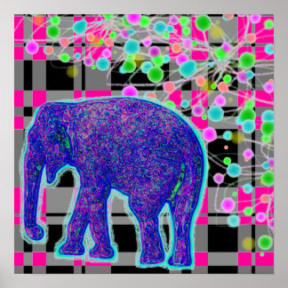 Blue Elephant on Pink Kariert Background Poster