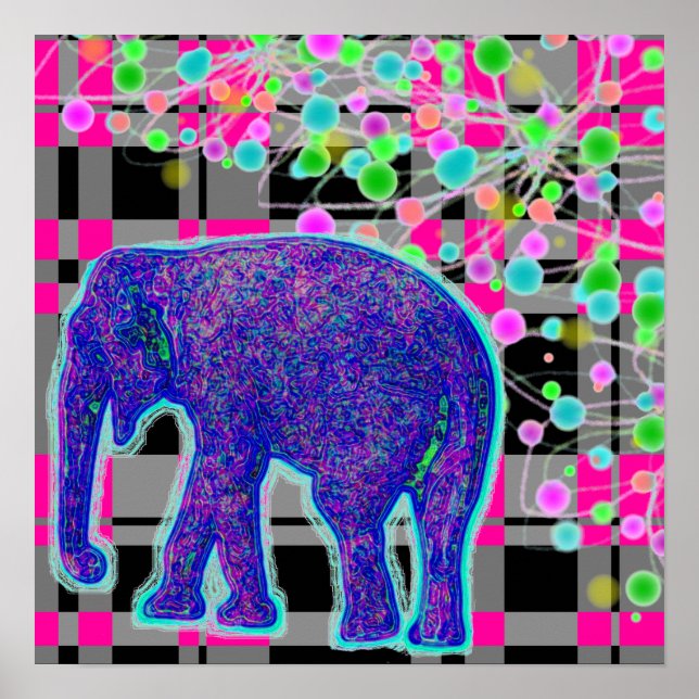 Blue Elephant on Pink Kariert Background Poster (Vorne)