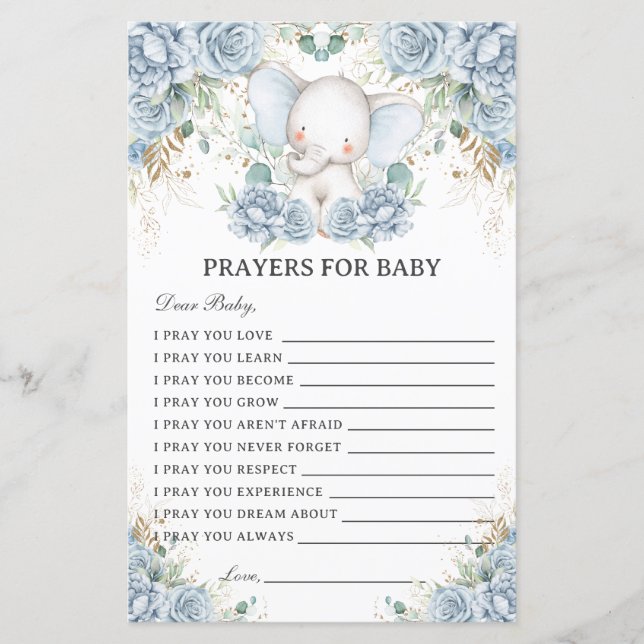 Blue Elephant Prayers for Baby Showers Activity (Vorderseite)