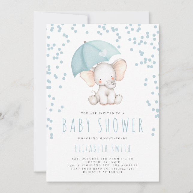 Blue Elephant Rain Sprinkle Boy Baby Dusche Einladung (Vorderseite)