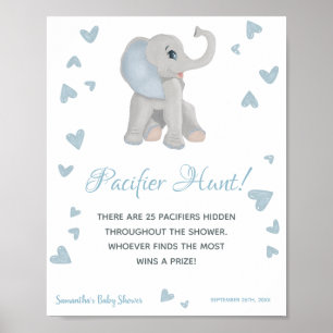 Blue Elephant Schnuller Hunt Game Baby Dusche Schi Poster