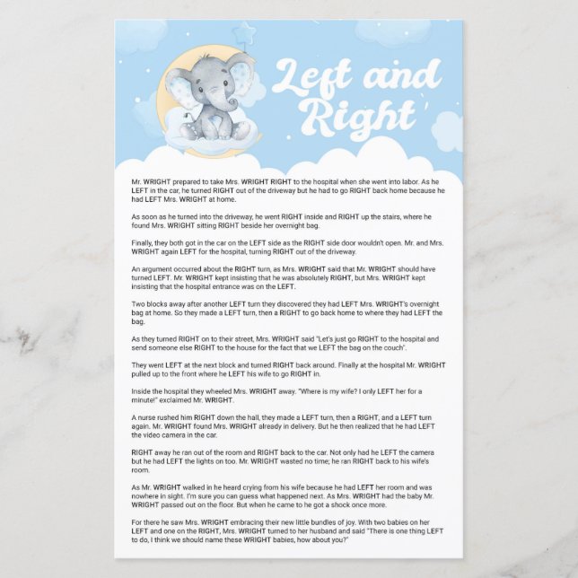 Blue Elephant Verlassen und Right Baby Shower Game (Vorderseite)