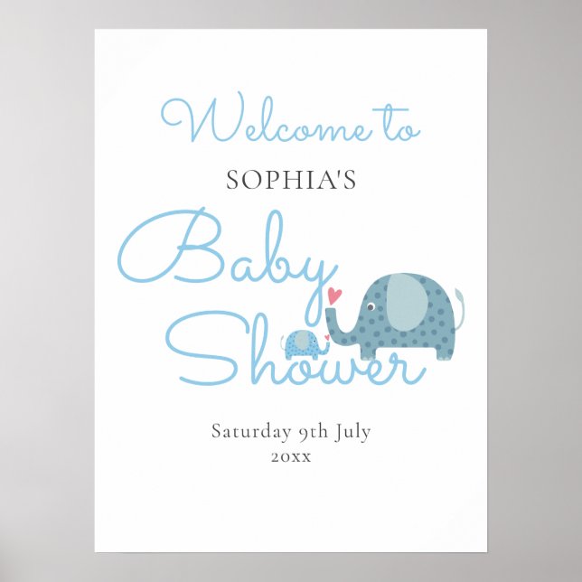 Blue Elephants Baby Boy Dusche / Sprinkle Willkomm Poster (Vorne)