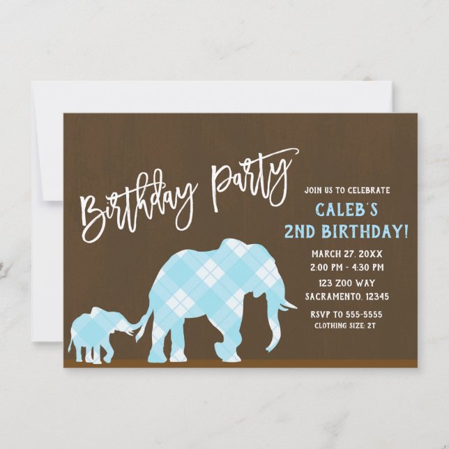Blue Elephants Brown Modern Birthday Party JEDES A Einladung (Vorderseite)