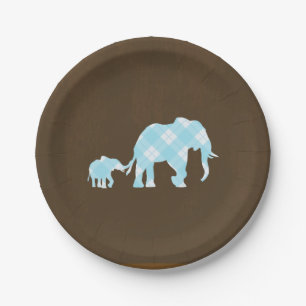 Blue Elephants Brown Trendy Modern Baby Dusche Pappteller