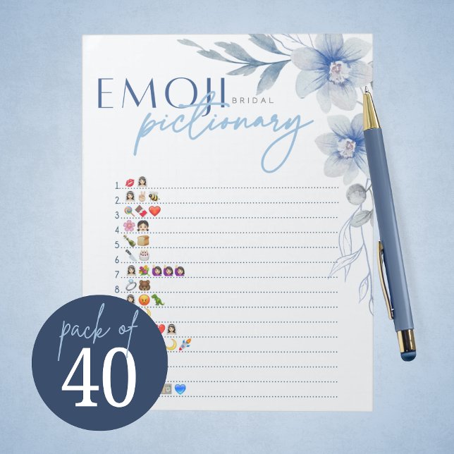 Blue Emoji Pictionary Brautparty Notizblock (Blue Watercolor Floral Bridal Pictionary Game Pack of 40 Games for Something Blue Bridal Shower)