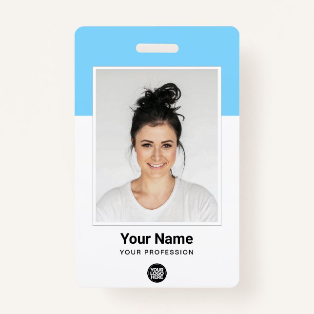 Blue Employee huge Photo Qr Bar Code Logo Name Ausweis (Vorderseite)