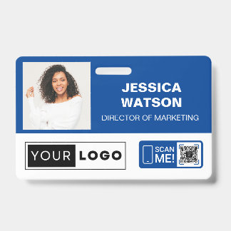 Blue Employee Name Abzeichen mit Logo und QR-Code Ausweis