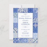Blue Ethnic Boho Mediterranean Tiles Geburtstag