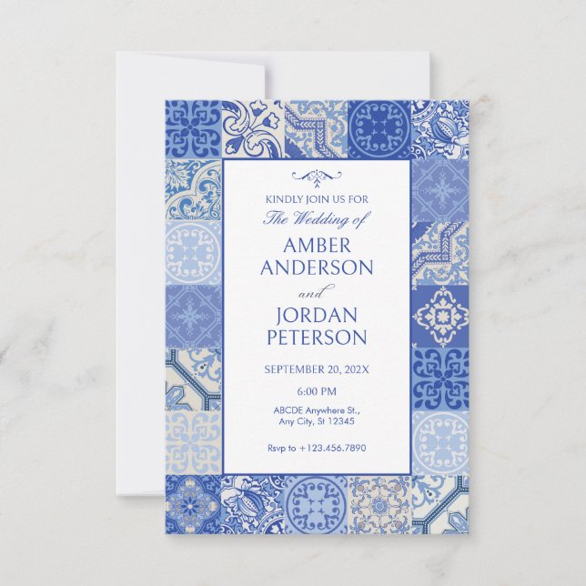 Blue Ethnic Boho Mediterranean Tiles Hochzeit Einladung (Vorderseite)