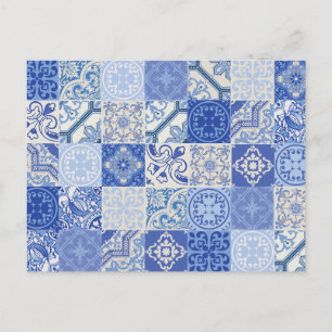 Blue Ethnic Boho Mediterranean Tiles Postkarte