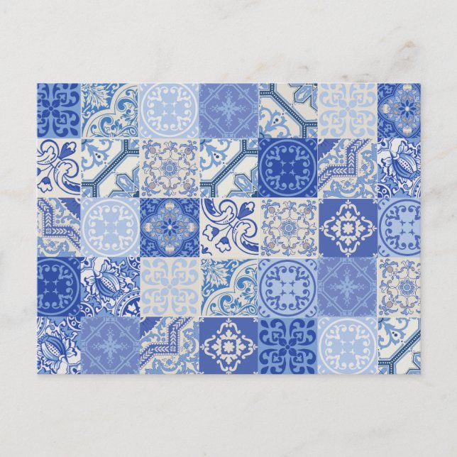 Blue Ethnic Boho Mediterranean Tiles Postkarte (Vorderseite)