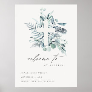 Blue Eucalyptus Fern Fauna Cross Taufen Willkommen Poster