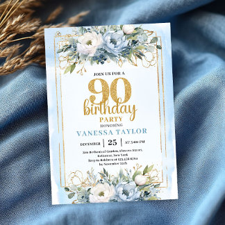 Blue Eucalyptus Gold Accent 90th Birthday Invite Einladung