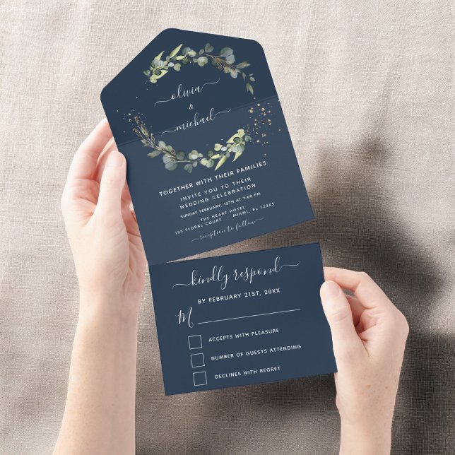 Blue Eucalyptus Greenery Wedding Elegant All In One Einladung (Von Creator hochgeladen)