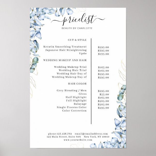 Blue Eucalyptus Salon Price List Poster (Vorne)