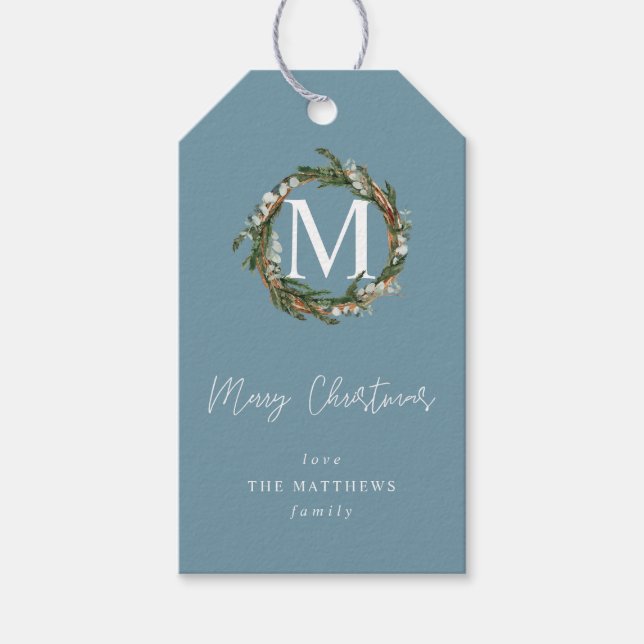 Blue Eucalyptus Wreath Monogram V2 Geschenkanhänger (Vorderseite)