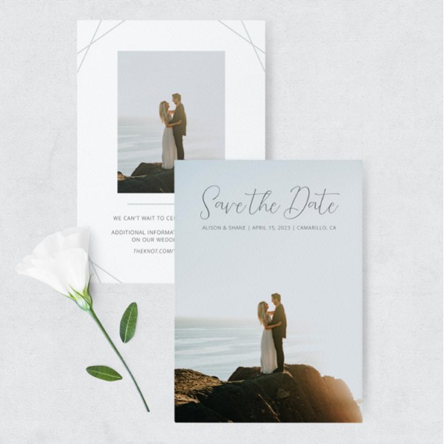 Blue Eukalyptus Wedding Foto Save the Date Card (Von Creator hochgeladen)
