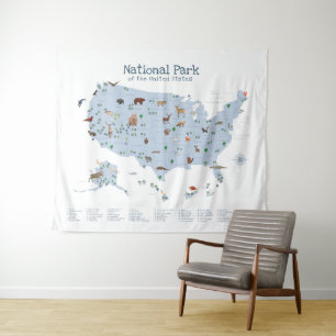 Blue Explain National Park Map Woodland Kinderzimm Wandteppich