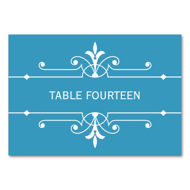 Blue Extravagant Ornamental Wedding Table Card Tischnummer (Vorderseite)