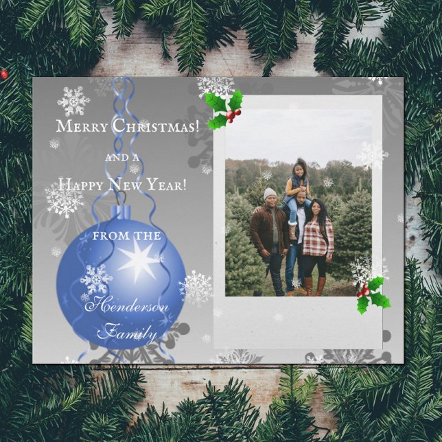 Blue Extravagante Weihnachtsschmuckkarte Feiertagskarte (Blue Fancy Christmas Ornament Holiday Photo Card)