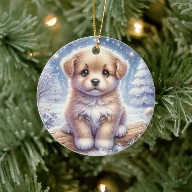 Blue-Eyed Pup in a Winter Dream Keramik Ornament (Baum)
