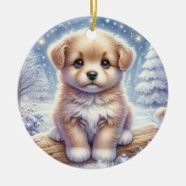 Blue-Eyed Pup in a Winter Dream Keramik Ornament