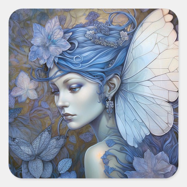 Blue Fairy Fantasy Art Quadratischer Aufkleber (Vorderseite)