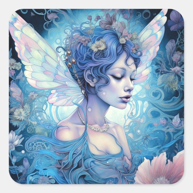Blue Fairy Fantasy Art Quadratischer Aufkleber (Vorderseite)
