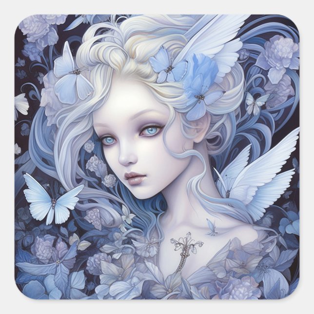 Blue Fairy Fantasy Art Quadratischer Aufkleber (Vorderseite)