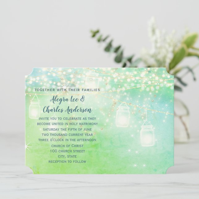 Blue Fairytale Woodsy Bauernhof Mason Jar Wedding Einladung (Stehend Vorderseite)