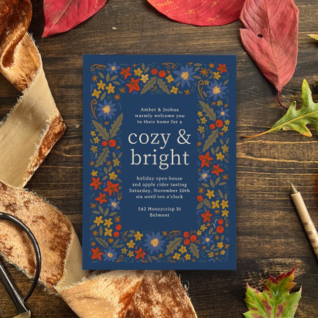 Blue Fall Folksy Blumenrahmen Herbst Party Einladung (blue, moss green, golden yellow and red-orange folk floral frame autumn fall party invitation)