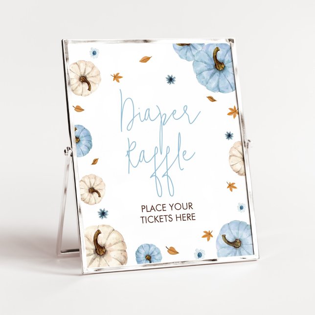 Blue Fall Pumpkin Baby Duschdusche Windelwanne Poster (Boy A Little Pumpkin Baby Shower Diaper Raffle Sign)