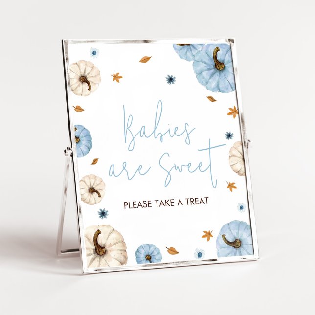 Blue Fall Pumpkin Baby Shower Babys sind süß Poster (Boy A Little Pumpkin Baby Shower Babies are Sweet Sign)