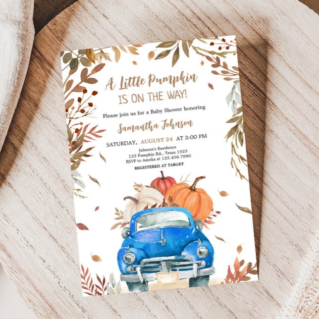 Blue Fall Pumpkin Truck Baby Dusche Einladung (Truck Pumpkin Baby Shower Invitation)