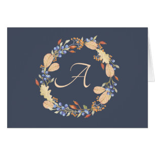 Blue Fall Wreath Script Monogram Mitteilungskarten