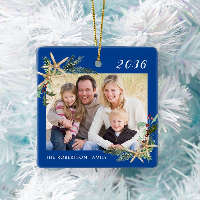 Blue Family Foto Christmas Beach Starfish Keramikornament (Von Creator hochgeladen)